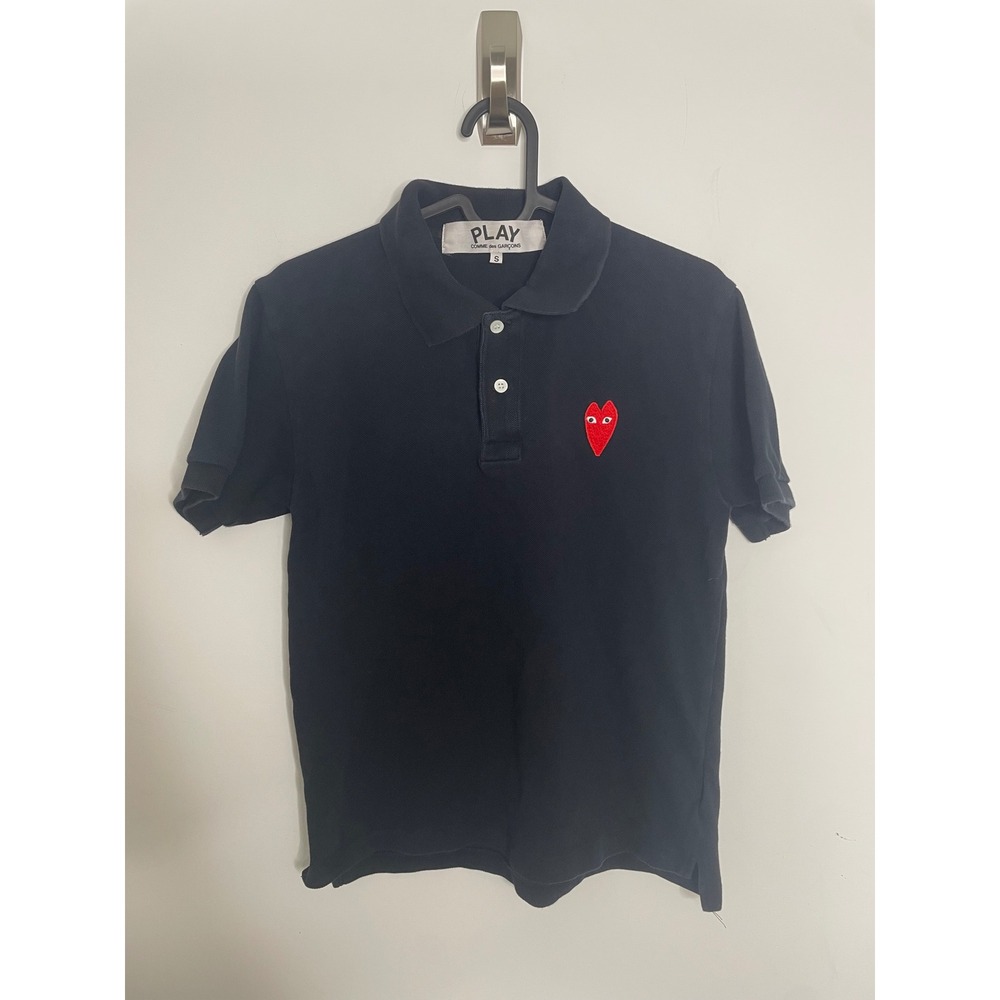 Comme des Garcons Play Polo Shirt Red Heart Logo Black Size S - Picture 2 of 7